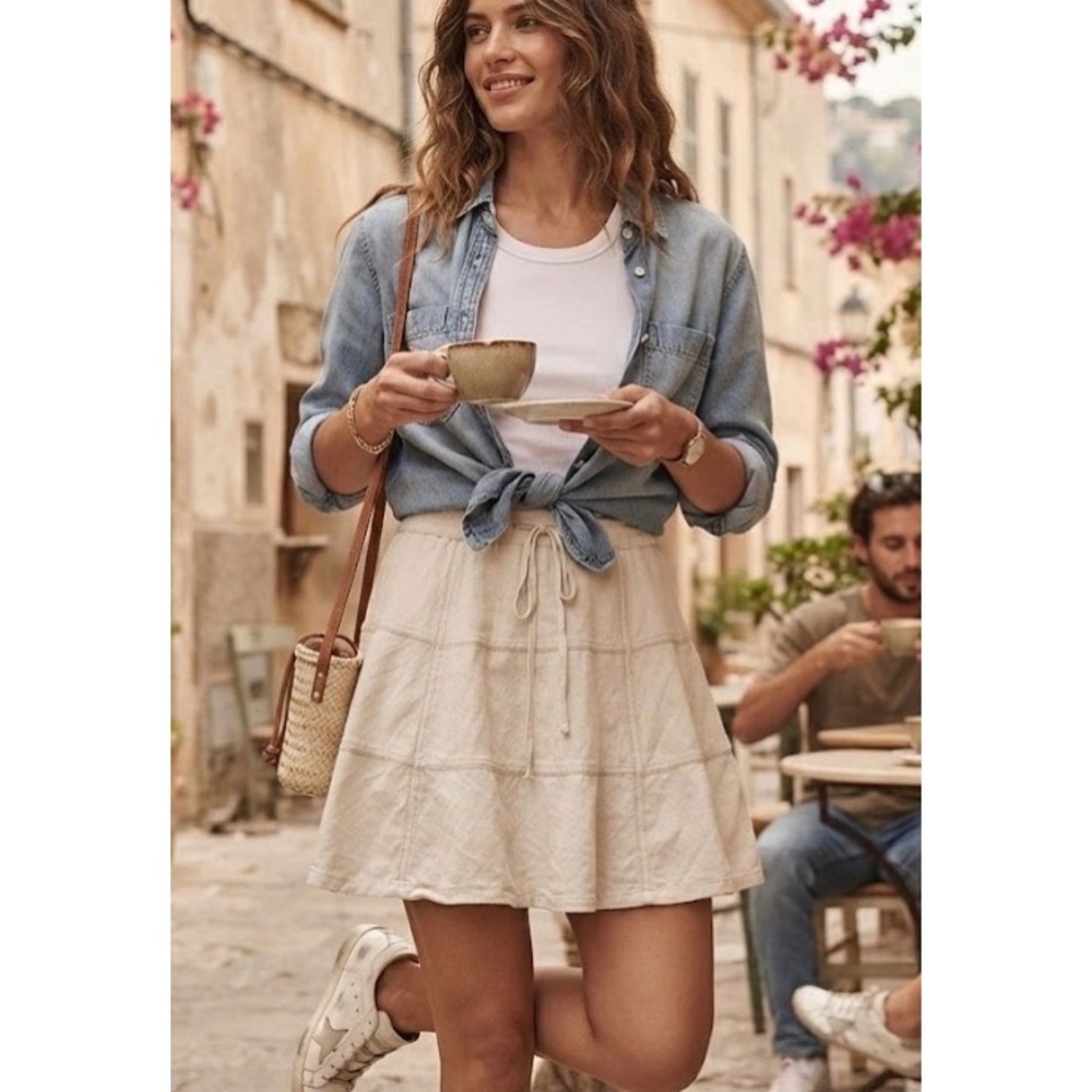 Caslon Women Oatmeal Linen Blend Tiered Mini Skirt Elastic Waist Size Medium